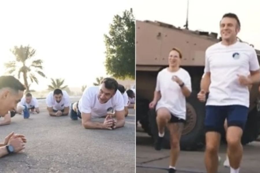 Ο Μακρόν γυμνάζεται με Γάλλους στρατιώτες στο Άμπου Ντάμπι