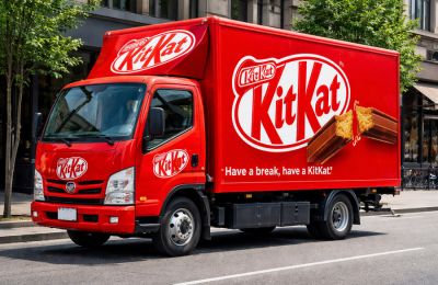 Αυτοκίνητα συνοδεύουν φορτηγό της Kit Kat για προστασία από κλοπή της σοκολάτας που μεταφέρει.