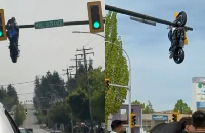 Απίστευτο κι όμως αληθινό, το πως η μοτοσικλέτα εκτοξεύτηκε πάνω στο φανάρι.